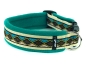 Preview: Hundehalsband beige mit Klickverschluss verziert mit Borte Ethno und gepolstert mit weichem Polar Fleece petrol