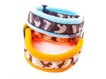 Sport Hundehalsbänder ohne Zugstopp in Camouflage gepolstert mit weichem Softshell babyblau und orange