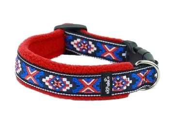 Hundehalsband mit Klickverschluss und Borte Indianer rot und Fleece rot