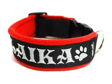 Hundehalsband schwarz mit Namen und Klickverschluss Fleece Polsterung rot