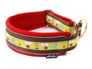 Hundehalsband Zugstopp reflektierend Borte Webband Frühling Biene lindgrün braun rot Messing