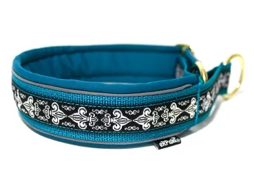 Hundehalsband Zugstopp reflektierend Borte Webband Fleur de lis silber schwarz petrol Messing