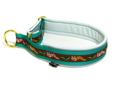 Hundehalsband Zugstopp reflektierend Borte Webband Raupen braun grün mint Messing