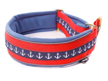 Hundehalsband Zugstopp reflektierend breit Borte Webband maritime Anker marine dunkelblau rot Messing