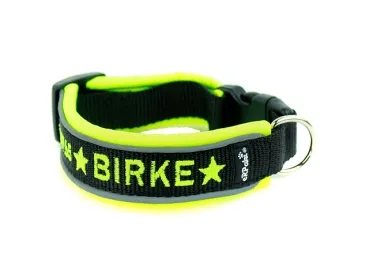 reflektierendes Hundehalsband mit Namen und Klickverschluss schwarz neongelb