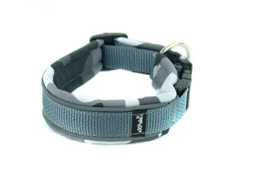 Hundehalsband Langhaar reflektierend grau gepolstert mit Softshell camouflage tarn