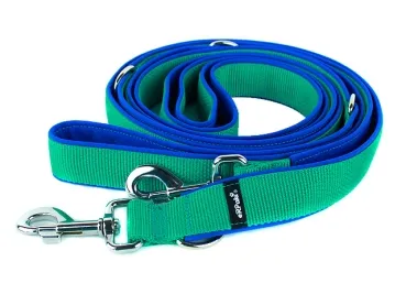 robuste breite verstellbare Hundeleine mit zwei Karabinerhaken und mehreren Ringen grün gepolstert mit weichem Softshell royalblau