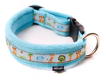 Hundehalsband türkis mit Klickverschluss und Borte Afrika und Fleece hellblau