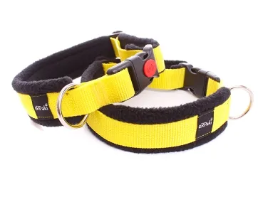 Hundehalsbänder gelb mit Klickverschluss gepolstert mit Fleece braun und schwarz