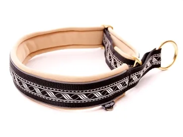 Hundehalsband Zugstopp reflektierend Borte Webband Mittelalter silber schwarz beige Messing