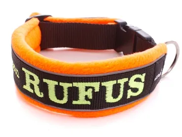 reflektierendes Hundehalsband schwarz mit Namen und Klickverschluss Fleece Polsterung orange