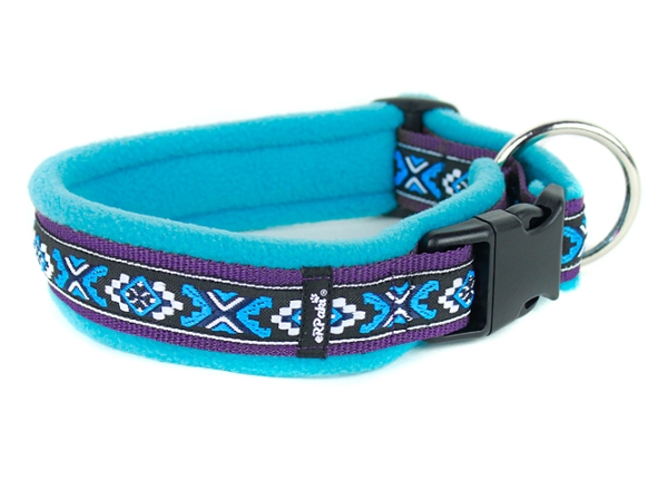 Breites Hundehalsband Langhaar mit großem Ring verziert mit Borte Indianer blau