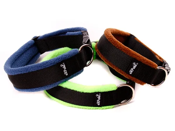 Hundehalsbänder schwarz mit Klickverschluss gepolstert mit Fleece blau braun neongrün