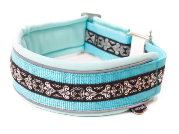 Hundehalsband Zugstopp reflektierend breit Borte Webband Fleur de lis silber schwarz türkis mint