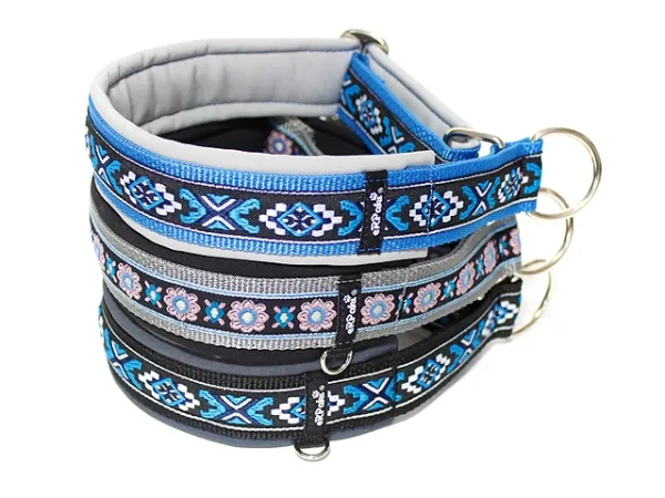 Hundehalsbänder Zugstopp Borte Webband Indianer blau Blumen grau