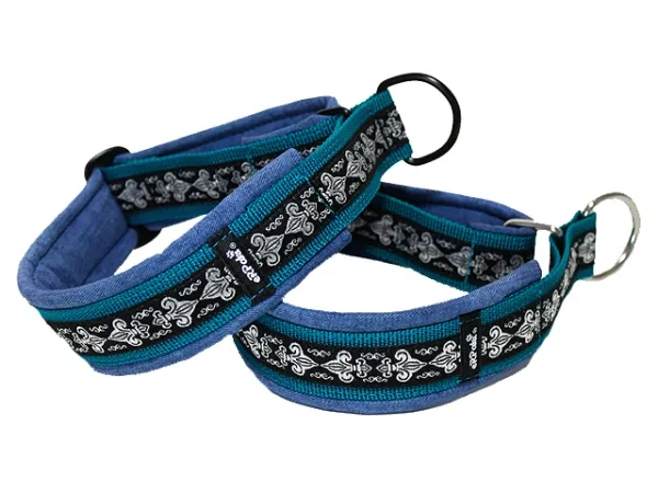 Hundehalsbänder Zugstopp Borte Webband Fleur de Lis silber schwarz petrol jeans