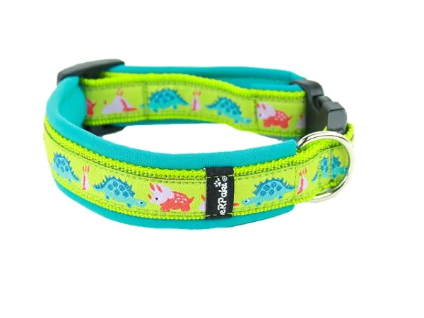 Hundehalsband mit Steckschnalle und Webband Dinosaurier lindgrün türkis