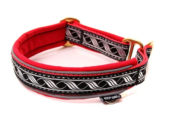 Hundehalsband Zugstopp Borte reflektierend Webband Mittelalter silber schwarz rot
