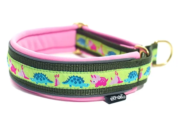 Hundehalsband Zugstopp Borte reflektierend Webband Dino lindgrün olivgrün rosa