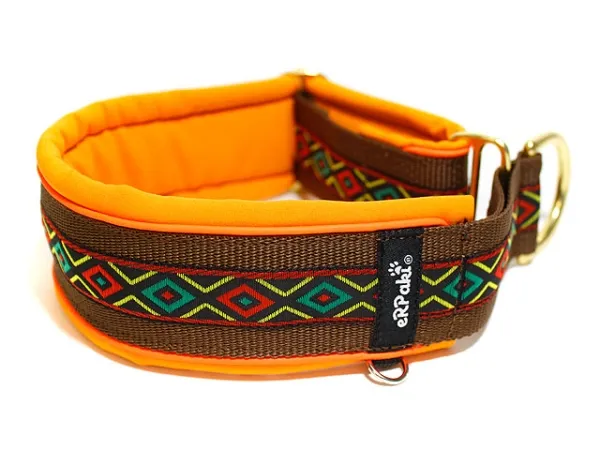 Hundehalsband Zugstopp reflektierend breit Borte Webband Ethno braun orange