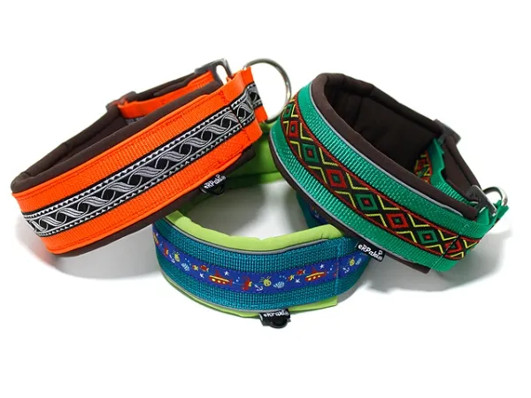 Hundehalsbänder Zugstopp reflektierend breit Borte Webband Mittelalter schwarz silber orange Meer königsblau grün hellgrün und Ethno grün braun