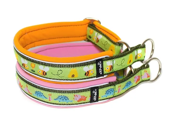 Hundehalsbänder Zugstopp Borte reflektierend Webband lindgrün Frühling Biene orange Dino rosa
