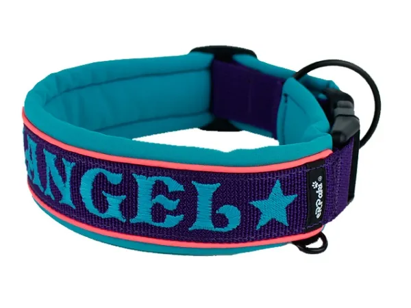 Hundehalsband Langhaarhunde mit Namensbestickung reflektierend lila türkis