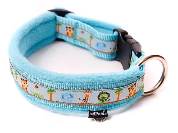 Hundehalsband türkis mit Klickverschluss und Borte Afrika und Fleece hellblau