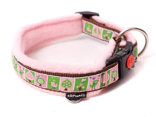 Hundehalsband Langhaar mit Borte Vögel rosa grün