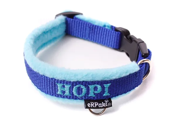 Hundehalsband blau mit Namen und Klickverschluss Fleece Polsterung hellblau