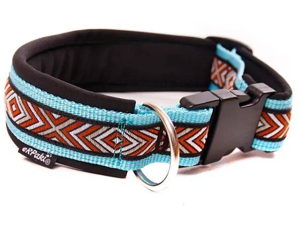 Hundehalsband mit Klickverschluss und Borte Ethno Muster türkis schwarz