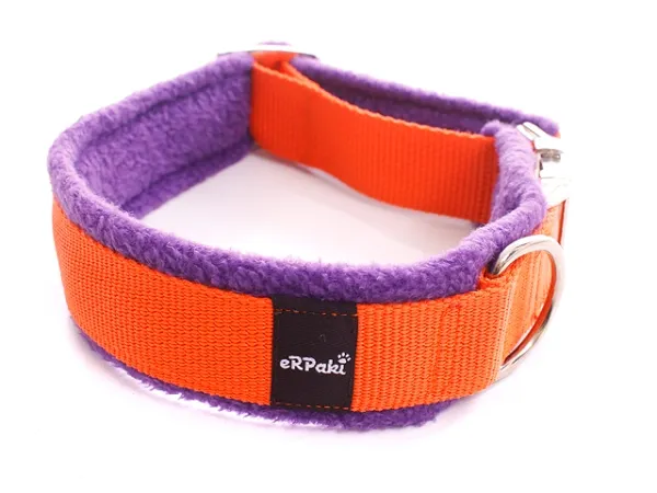 Hundehalsband orange mit Klickverschluss gepolstert mit Fleece lila