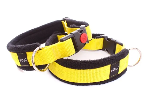 Hundehalsbänder gelb mit Klickverschluss gepolstert mit Fleece braun und schwarz