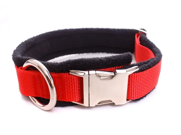 Hundehalsband rot mit Metall-Klickverschluss gepolstert mit Fleece schwarz