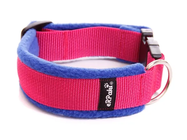 Hundehalsband pink mit Klickverschluss gepolstert mit Fleece blau