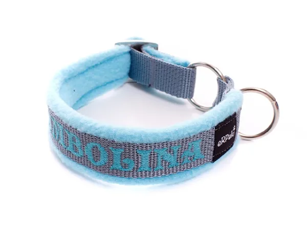 Hundehalsband mit Namen ohne Zug Stopp weich Fleece grau blau