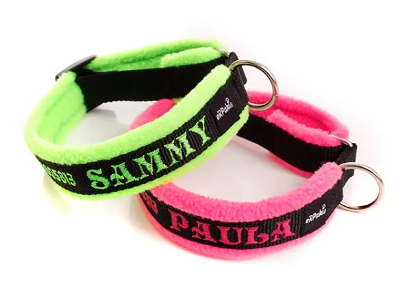 Hundehalsband mit Namen ohne Zug Stopp weich Fleece neon