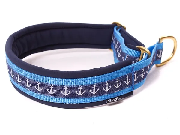 HHundehalsband Zugstopp Borte Webband marine maritime Anker dukelblau hellblau Messing