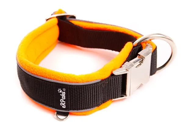 Hundehalsband Langhaar reflektierend schwarz gepolstert mit FLEECE orange mit Metallverschluss und kleinem Ring für Hundemarke