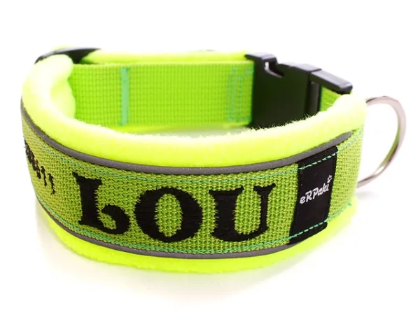 Hundehalsband lindgrün mit Reflektorband und Namen und Klickverschluss Fleece Polsterung neongelb