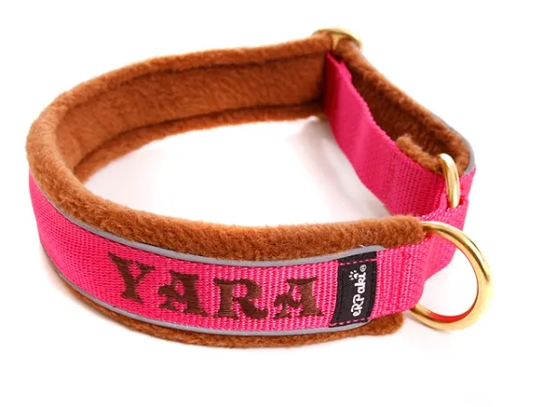Hundehalsband mit Namen ohne Zugstopp weich Fleece reflektierend pink