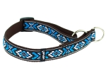 Hundehaslband mit Zugstopp und Edelstahl Ringen verziert mit Borte Indianer blue