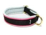 Hundehalsband ohne Verschluss & Zugstopp schwarz mint mit Messing-Ringen und Reflektorband neonpink