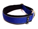 Sport Hundehalsband ohne Zugstopp und Verschluss mit Messing Ringen in Farbe königsblau und schwarz mit Messing Komponenten, Reflektorband und kleinem Ring für Hundemarke