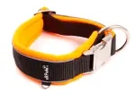 Hundehalsband Langhaar reflektierend schwarz gepolstert mit FLEECE orange mit Metallverschluss und kleinem Ring für Hundemarke
