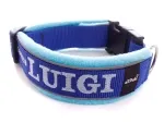 reflektierendes Hundehalsband blau mit Namen und Klickverschluss Fleece Polsterung türkis